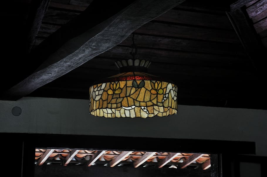 Vitral, yellow pendant lamp hanging on ceiling, light, lampshade HD wallpaper