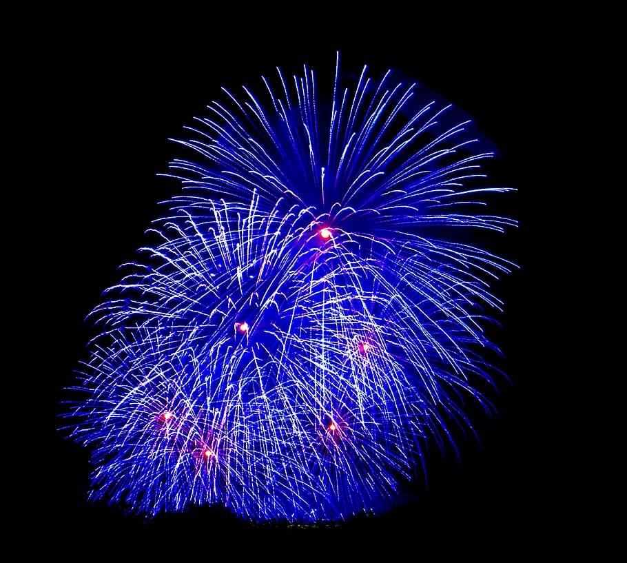 fireworks, rays, rocket, explosions, night, blue, new year's eve HD wallpaper