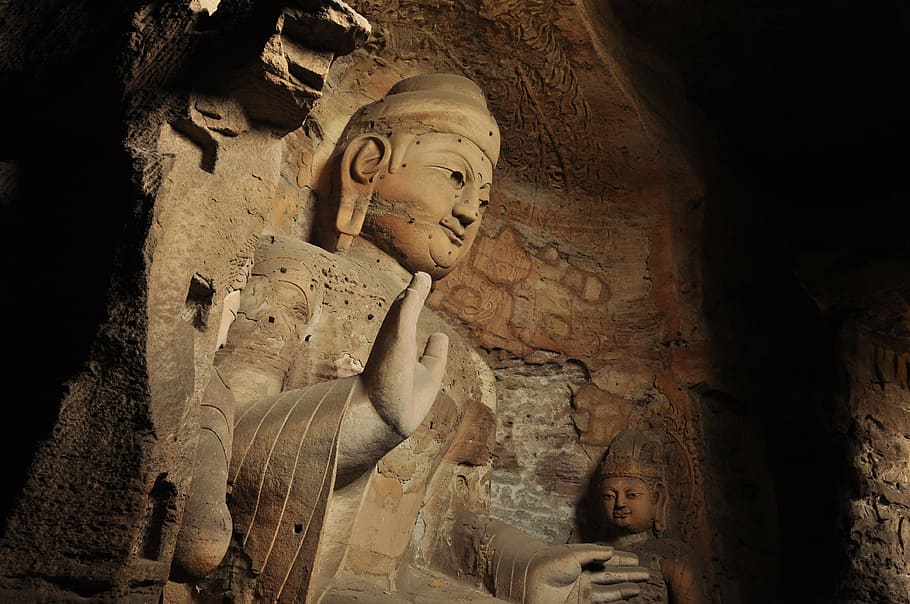 high relief of Gautama Buddha, cave, china, statue, buddhism HD wallpaper
