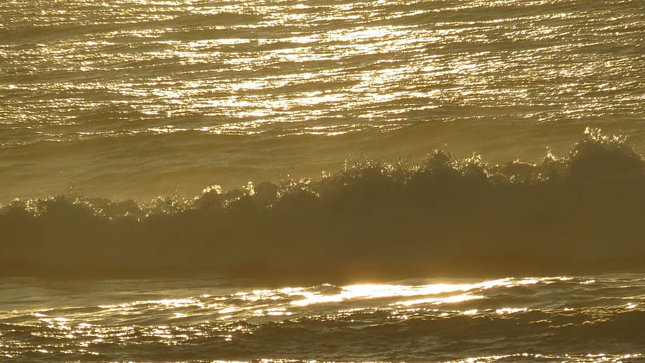 sea, waves, sunset, landscape, beach, water, beauty in nature HD wallpaper