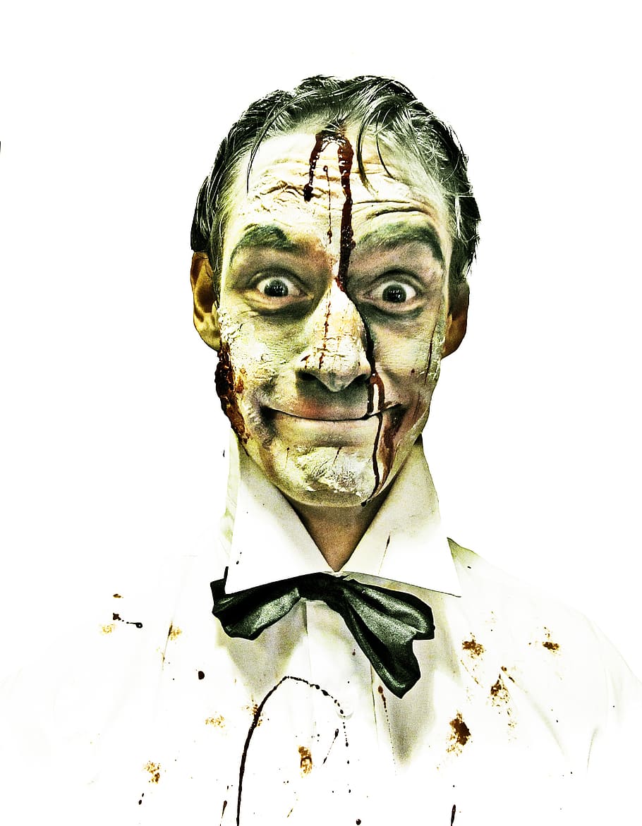 man wearing white collared top covered with stain, zombie, halloween