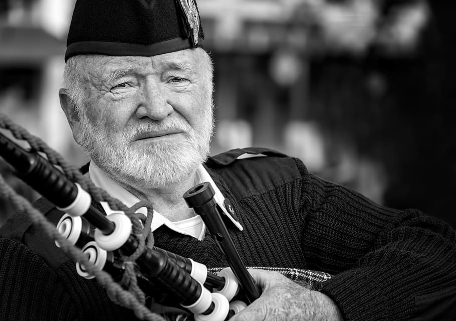 grayscale photography of man holding bagpipe, black, scotland, HD wallpaper