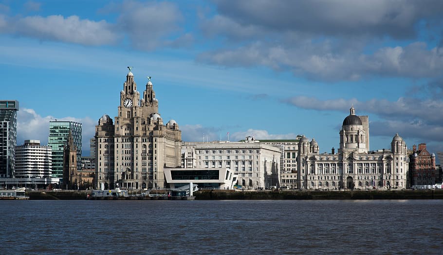 photo of city buildings near body of water, liverpool, mersey, HD wallpaper