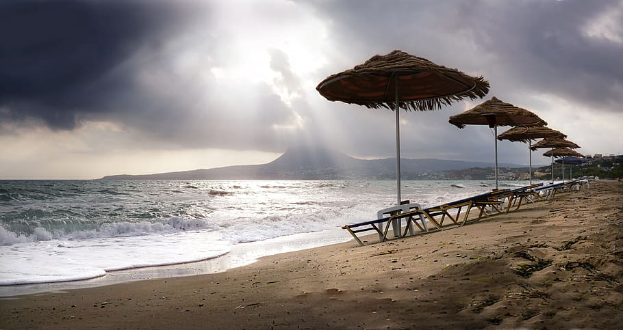 seats with parasols near seashore, beach, sand, waters, coast HD wallpaper