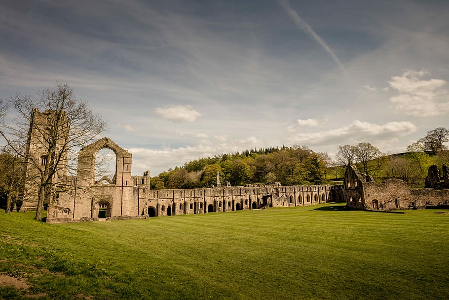 gray concrete wall near on grass field, gray building ruins near green grass field HD wallpaper