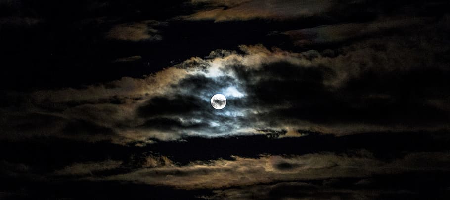 full moon covered with clouds, month, in the evening, night HD wallpaper