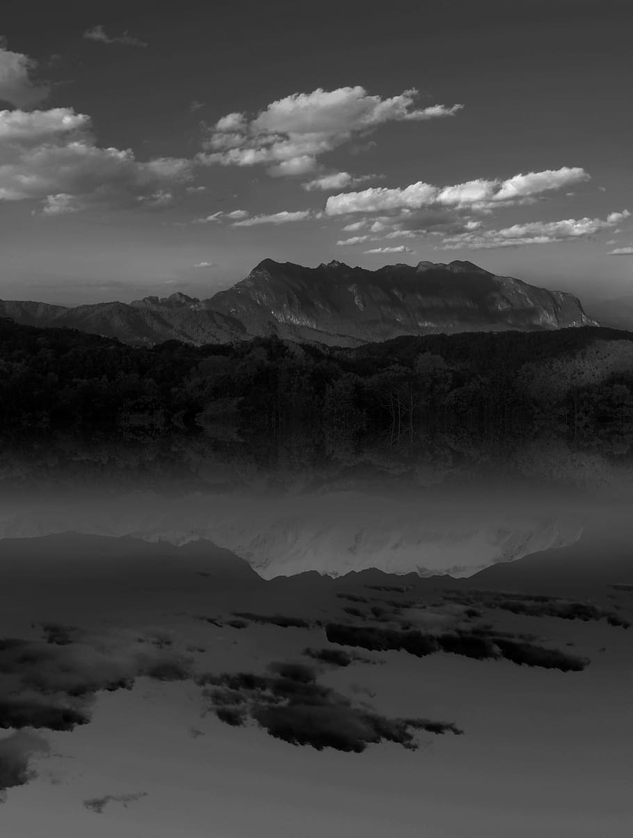 negative, mountain, sky, landscape, b w, black white, cloud HD wallpaper