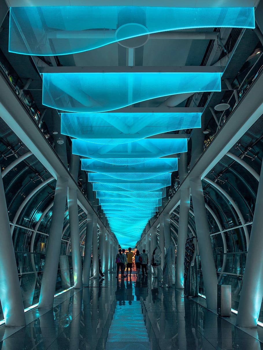 people in middle of hallway, group of person standing inside glass building HD wallpaper
