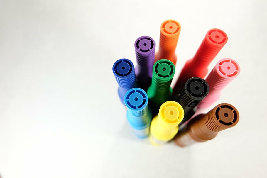 assorted-color color pens, colorful, office, colour, yellow, blue