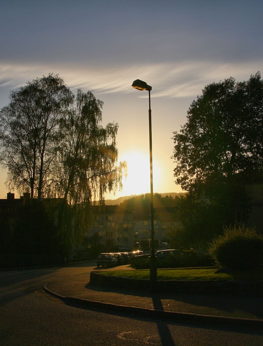 lamp post, sunset, street, outdoors, plant, sky, street light HD wallpaper