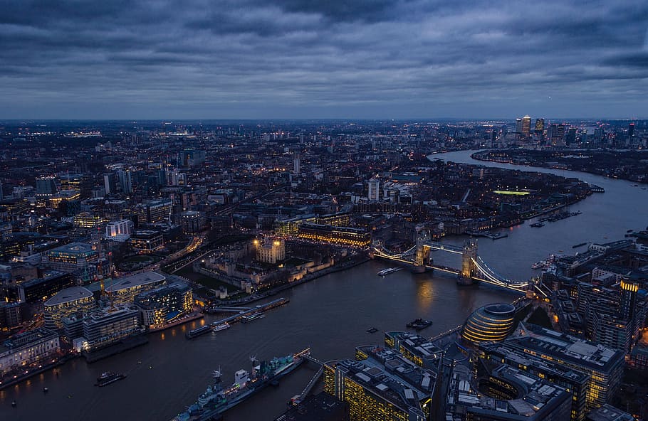 aerial view photography of city during nighttime, london, thames river
