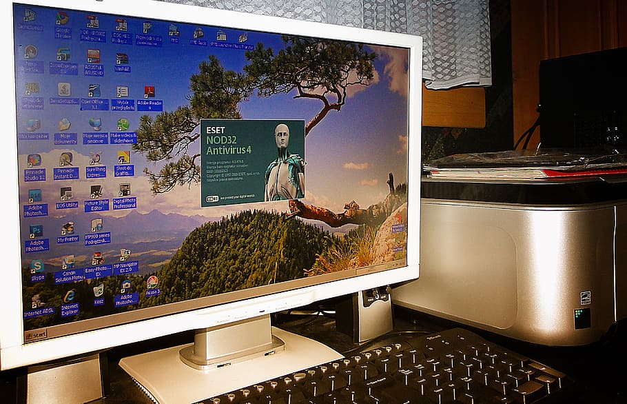 turned-on white flat screen computer monitor, keyboard, printer, HD wallpaper