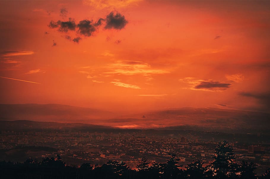 sunset, view, clouds, sky, trees, cloud - sky, city, architecture HD wallpaper