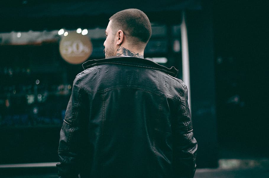 man wearing black leather jacket, tattoo, people, fashion, hipster