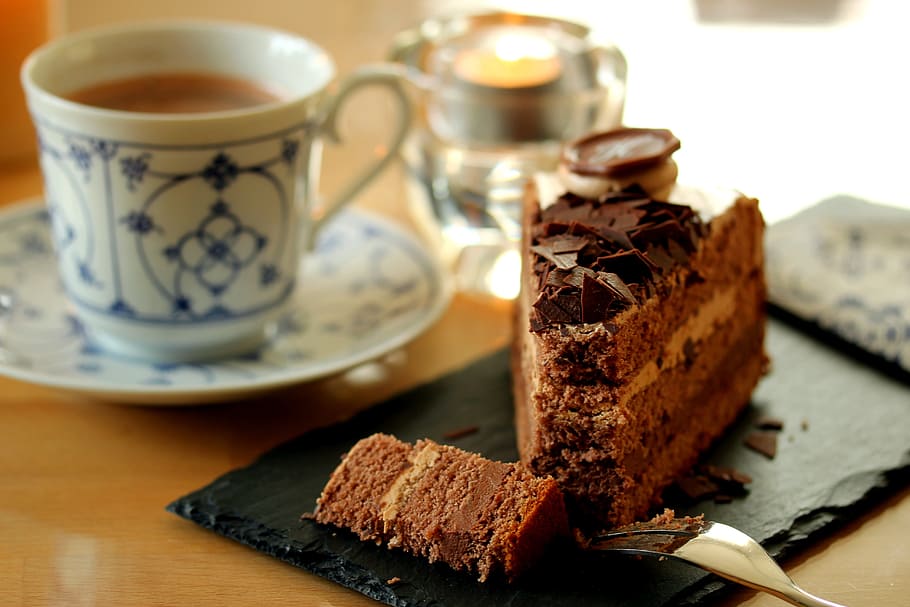 slice of chocolate cake near cup of coffee, drink, food, delicious, HD wallpaper