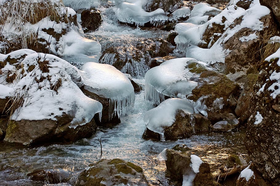 Stream, Winter, Marmolada, Dolomites, mountain, snow, cold, HD wallpaper