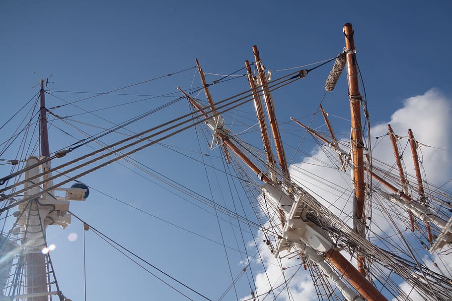 three masted, sailing vessel, rigging, ship, masts, boot, sky HD wallpaper