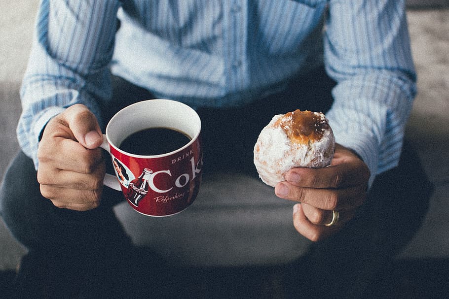 Coffee, Donut, Men, Eat, Break, Food, coffee - drink, coffee cup HD wallpaper