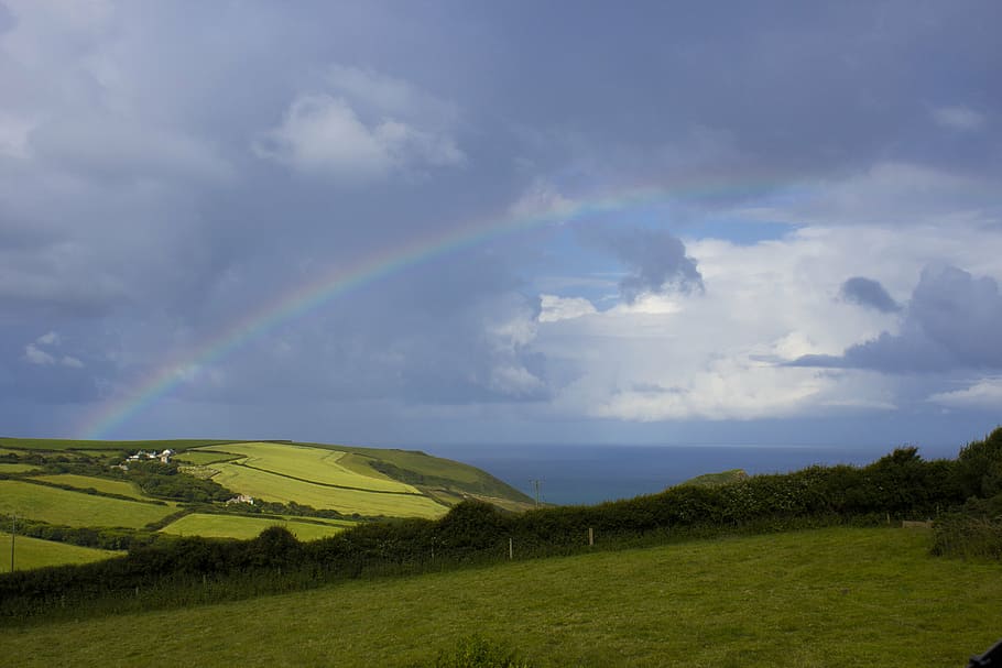 rainbow, sea, view, summer, coast, nature, pasture, landscape HD wallpaper