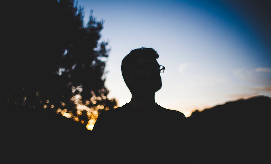 tree, dark, people, man alone, silhouette, blue, sky, sunset HD wallpaper
