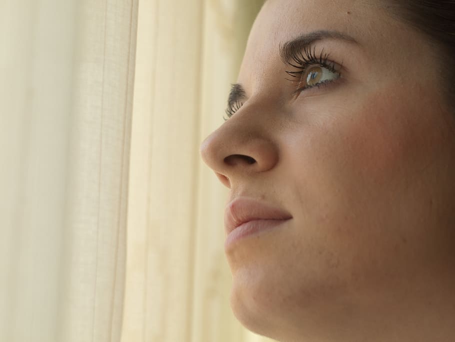 women's face near to window curtain, yes, no, how, people, one Person HD wallpaper