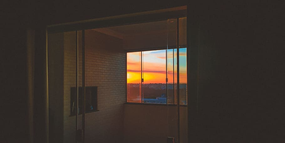 bricks, wall, glass, window, sunset, sky, clouds, panes, house HD wallpaper
