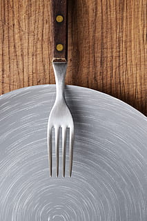 stainless steel fork with brown handle, plate, dish, menu design HD wallpaper