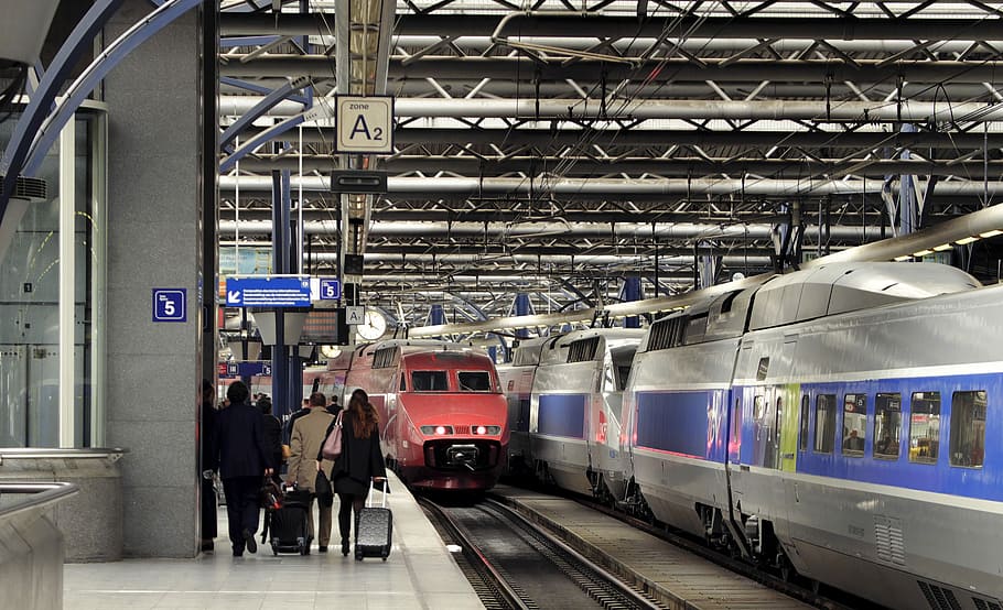 train station, people beside railway and grey and blue train HD wallpaper