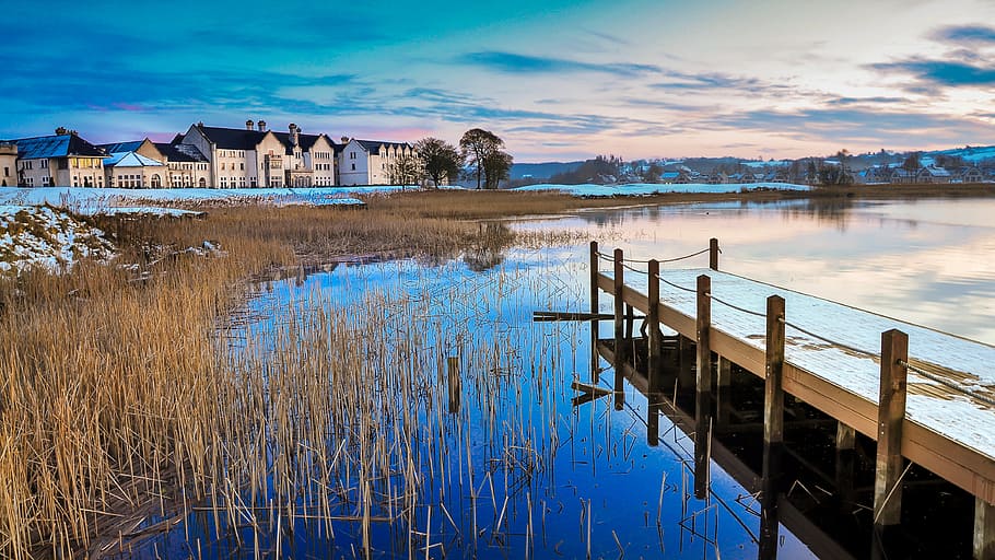 Lough Erne at Winter, person showing brown boardwalk, pier, lake HD wallpaper