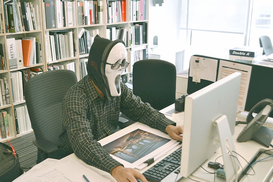 person using computer while sitting on chair, wearing, mask, keyboard, HD wallpaper