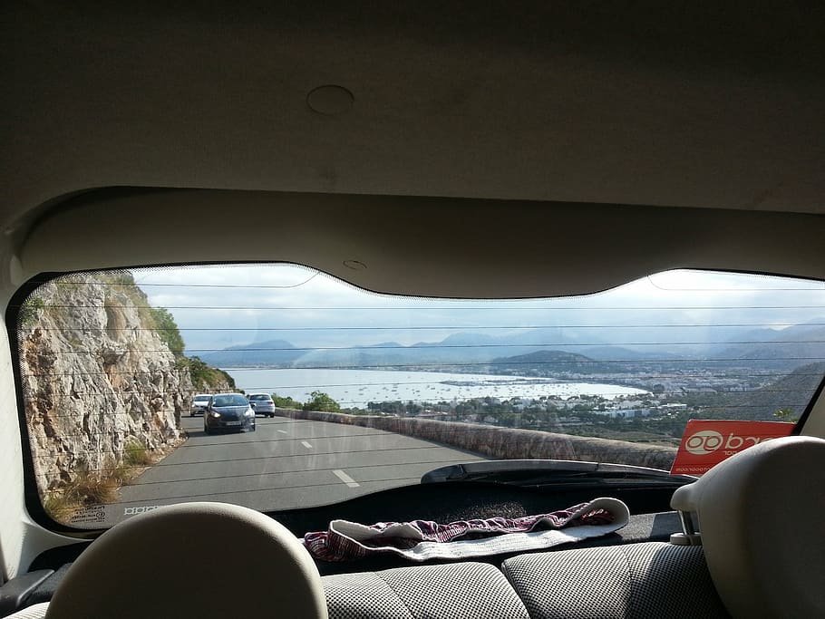 rear window, car, spain, mallorca coastal, landscape, drive, HD wallpaper