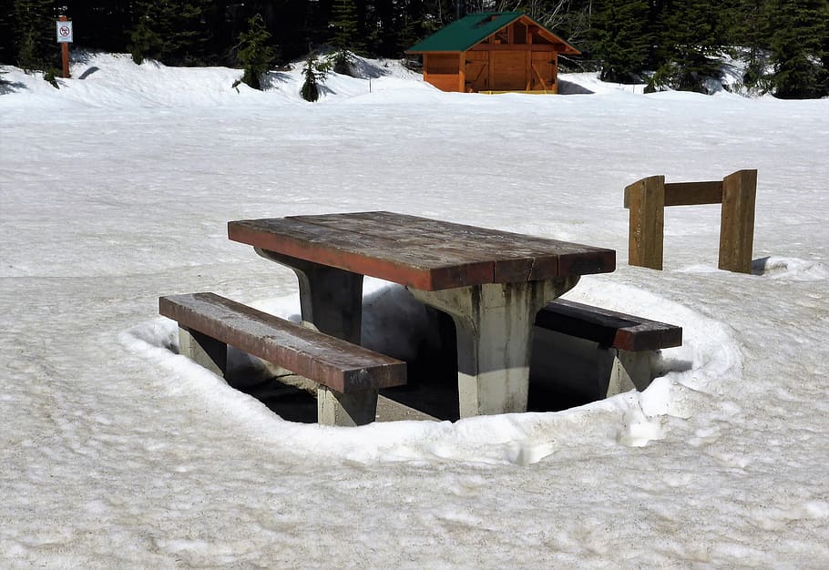 table, picnic table, snow, winter, cold, car park, cold temperature HD wallpaper