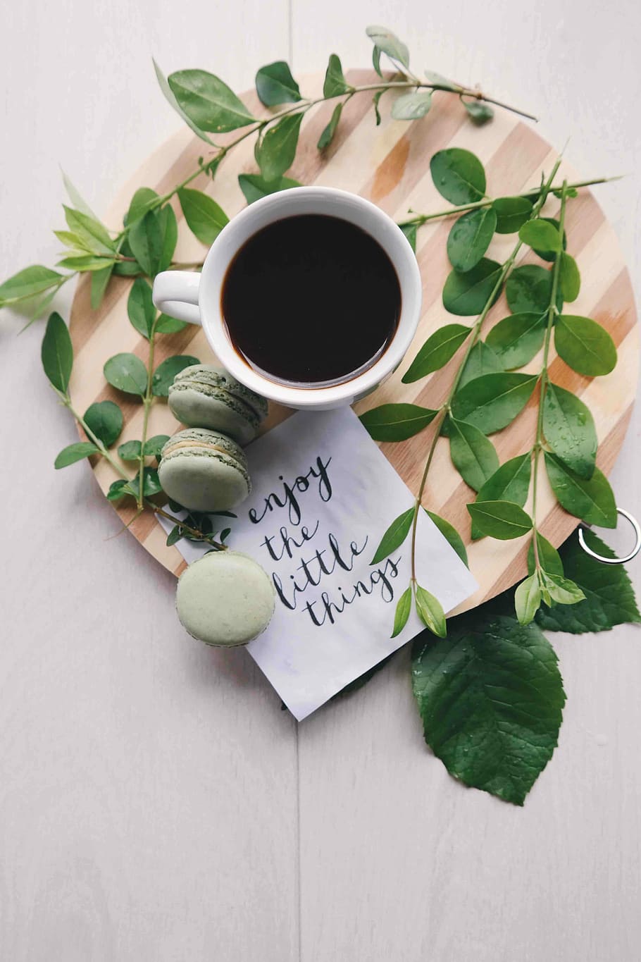 flat lay photography of leaves with cup of coffee and three macarons on chopping board, three matcha French macarons near leaves and cup with beverage HD wallpaper