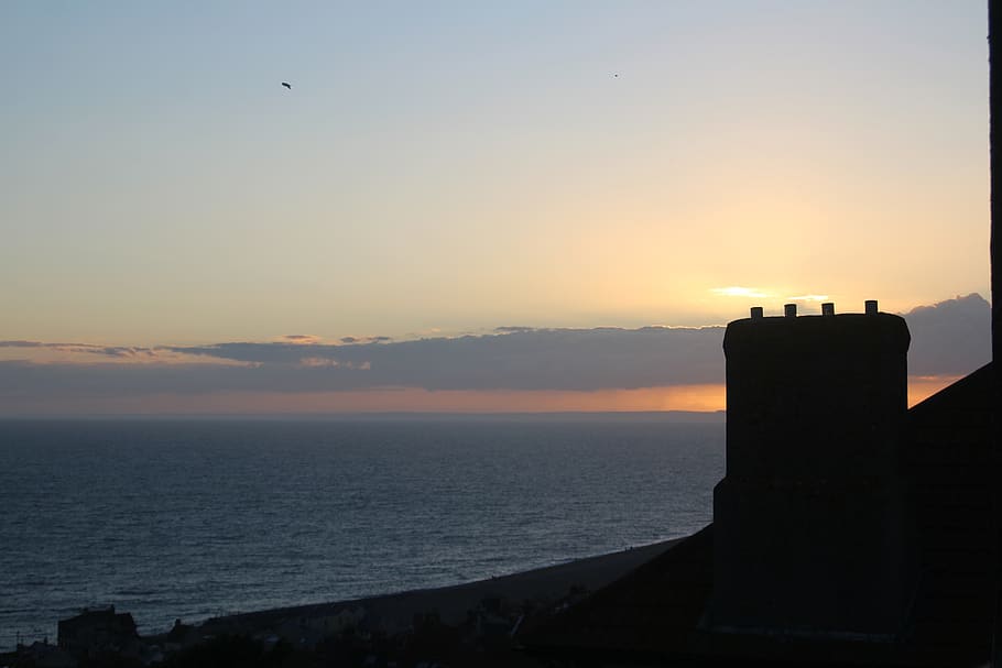 sunset, clouds, chimney, landscape, evening, sky, sea, scenics - nature HD wallpaper
