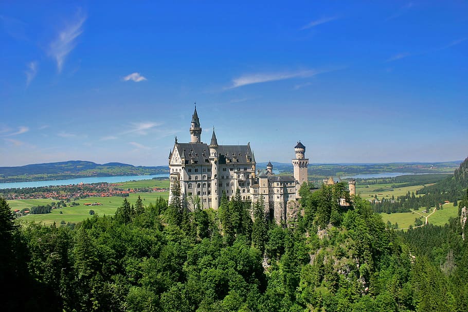 white castle, forest, woods, river, hills, sky, nature, architecture HD wallpaper