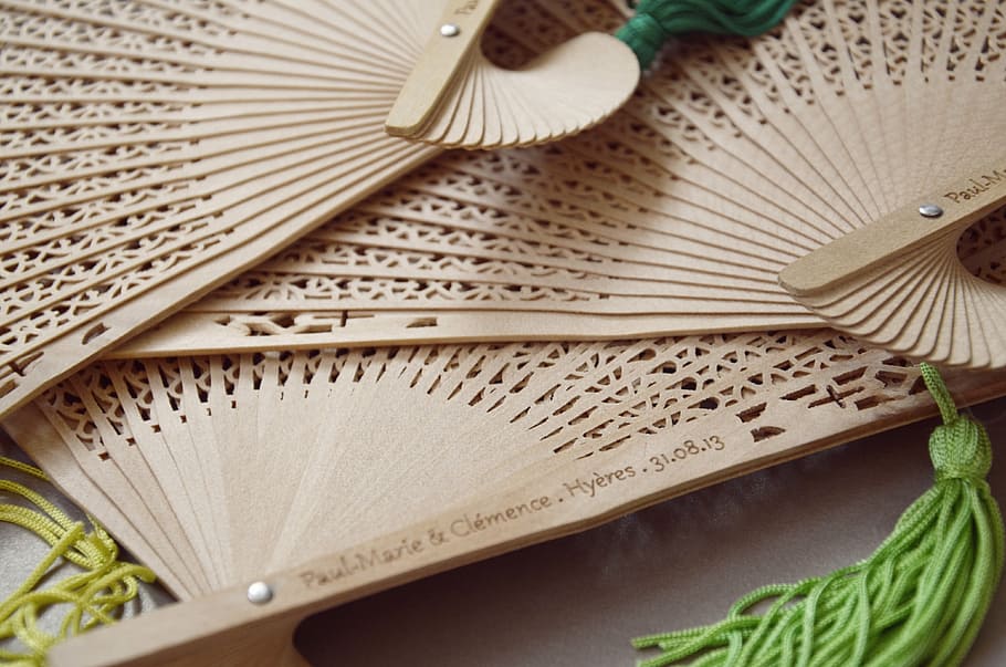 three hand fans, wedding, decoration, workshop, handmade, bamboo HD wallpaper