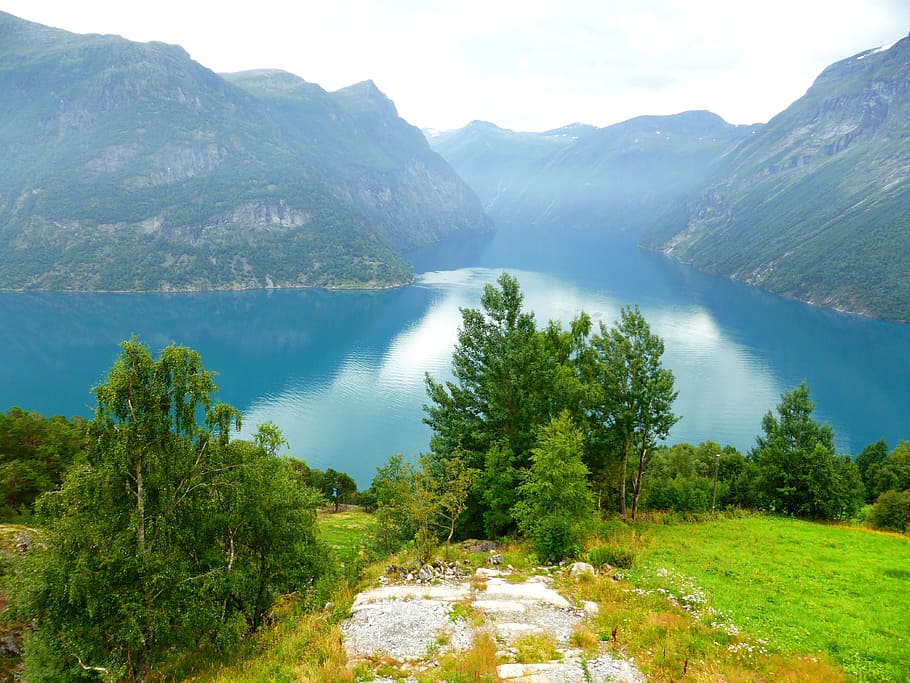noorwegen, bergen, fjord, natuur, landschap, water, tree, mountain, HD wallpaper