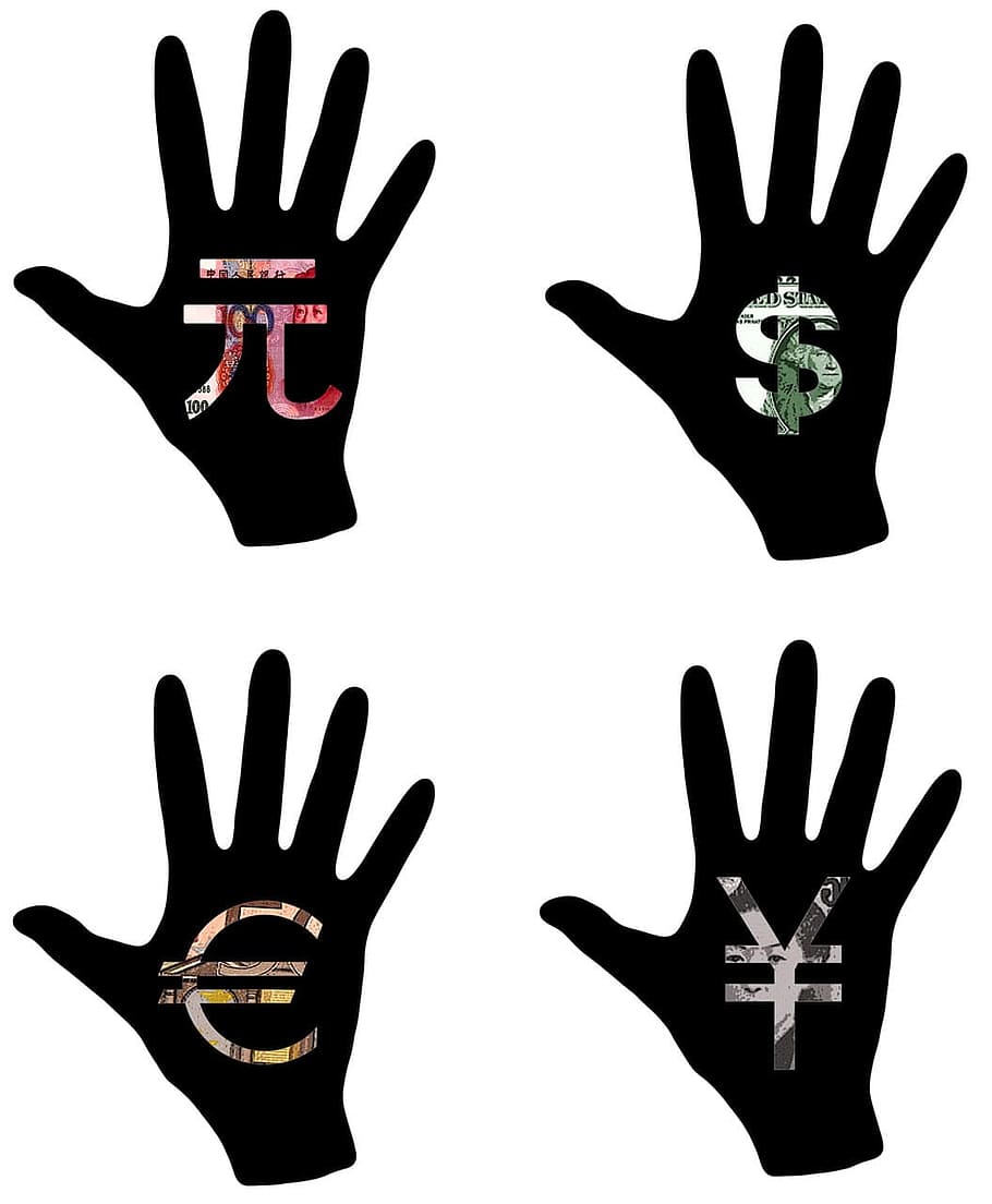 hand, dollar, yen, euro, yuan, cash, money, exchange, silhouette, HD wallpaper