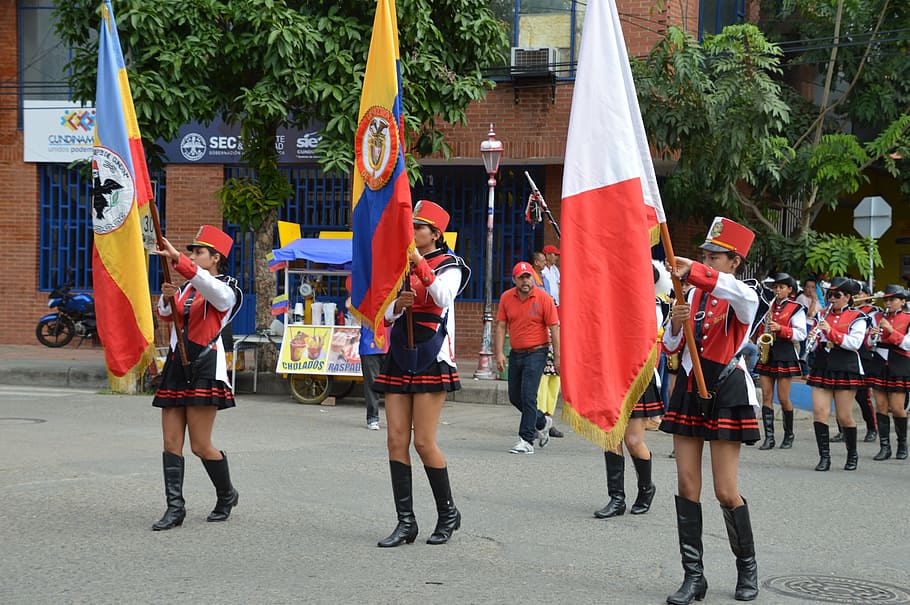 flags, ricaurte, colombia, cundinamarca, parade, marching band, HD wallpaper