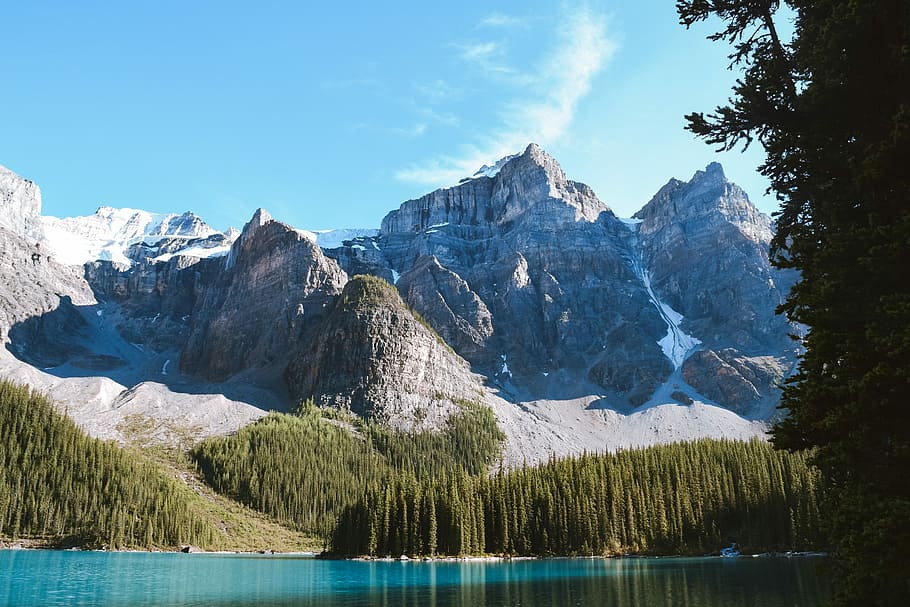 green tree near body of water, mountain covered with snow, mountain range HD wallpaper