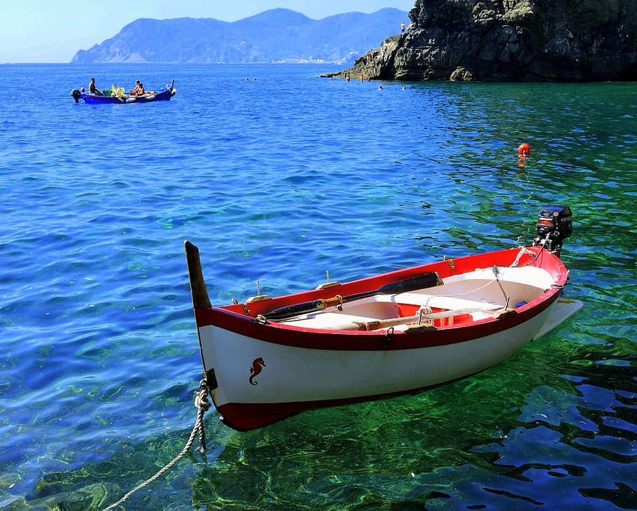 red and white canoe on green water, boat, sea, tranquility HD wallpaper