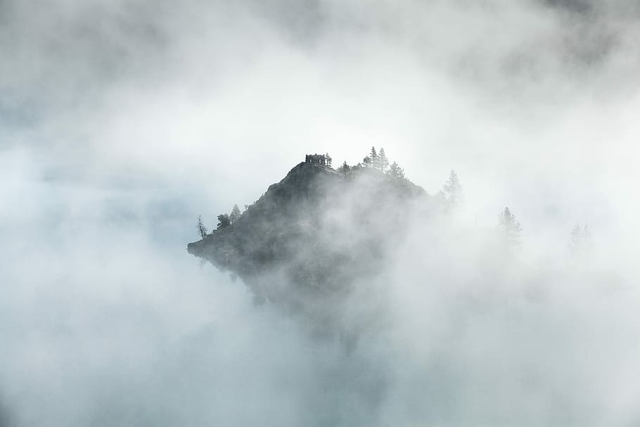 mountain covered with fog, gray, rocks, trees, white, nature HD wallpaper