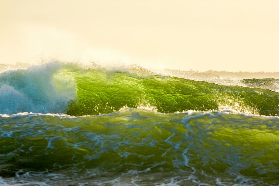 mountain, green sea waves during daytime, ocean, wild, power HD wallpaper