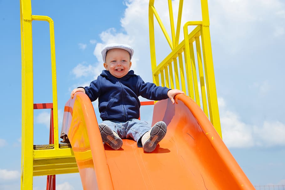 boy sitting on outdoor play slide, playground, child, game device, HD wallpaper