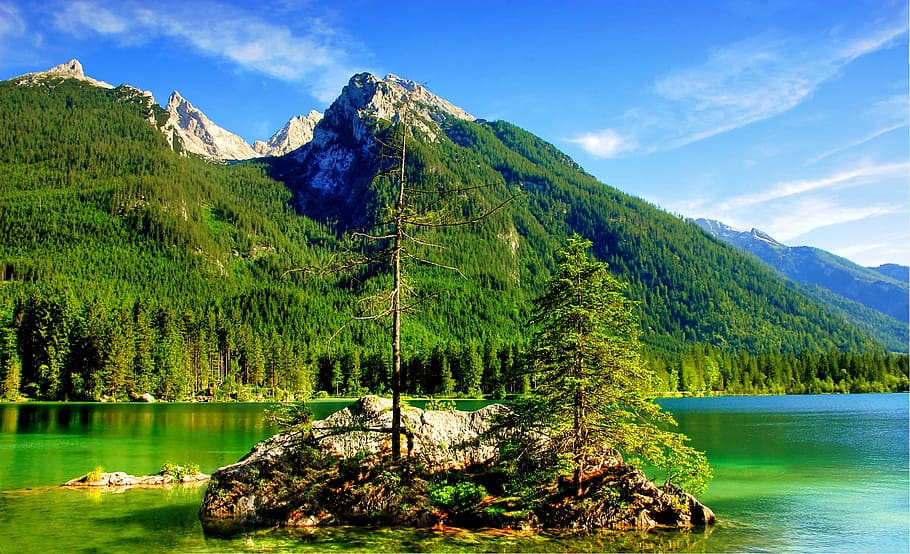 landscape, nature, holiday, water, alps, blue, clouds, daylight HD wallpaper
