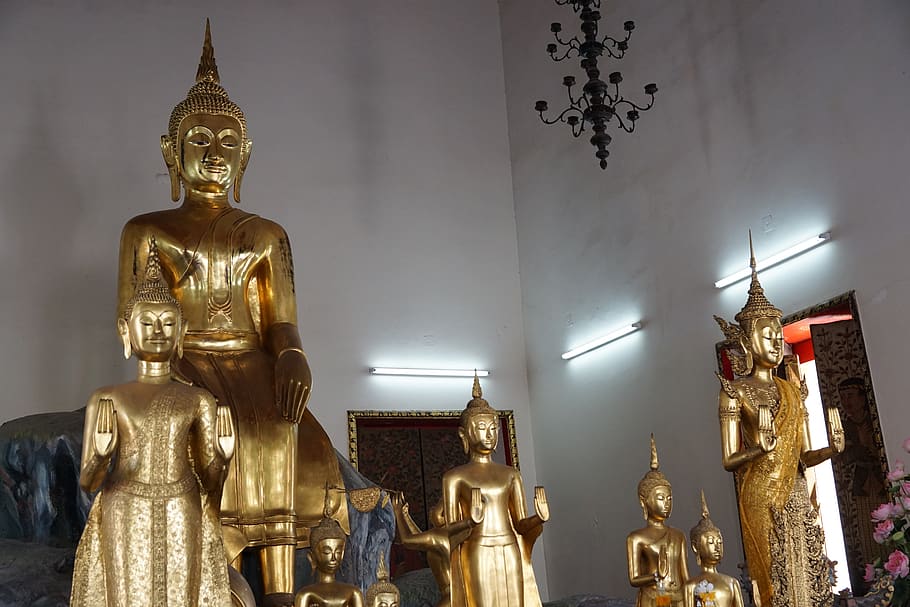 golden, buddha, religion, travel, statue, temple, sculpture, HD wallpaper