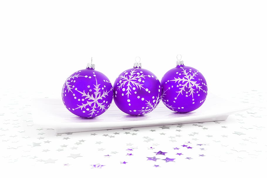 three purple bauble balls on top of white surface, christmas, HD wallpaper