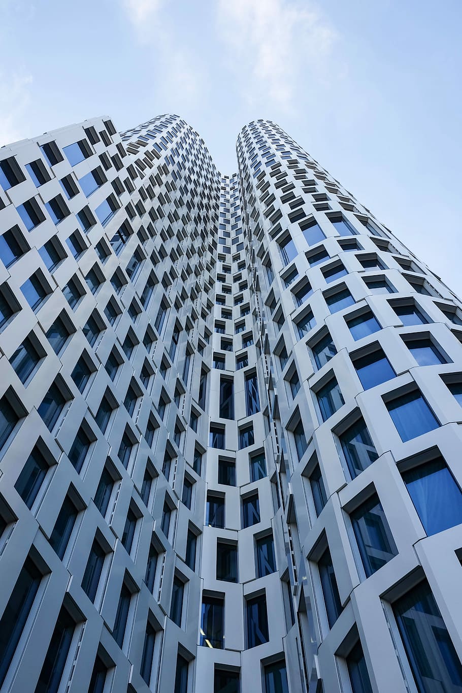 low angle photography of white concrete building, worm's eye view photography of high rise building HD wallpaper