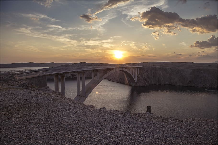 Sunset, Bridge, Architecture, Landscape, lake, water, sky, clouds HD wallpaper