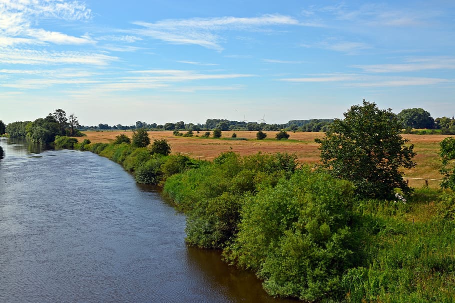 river, landscape, nature, cornfield, sky, tree, summer, plant HD wallpaper